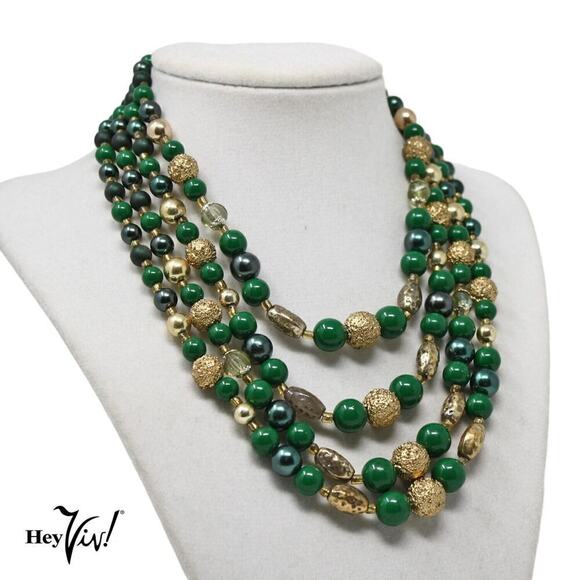 Vintage 1950s 4 Strand Green and Gold Textured Bead Necklace Japan 16" - Hey Viv - Picture 4 of 5